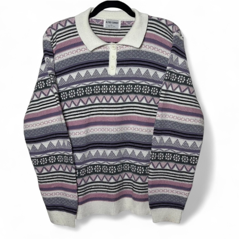 Alfred Dunner Fair Isle Sweater Women’s Large Purple Gray White Collared Knit